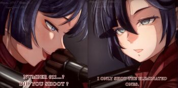 1boy 1girl alternate_costume black_hair blunt_bangs blunt_ends brown_gloves clenched_hand english_text genshin_impact gloves green_eyes grey_background grey_eyes gun hair_between_eyes jumpsuit mona_(genshin_impact) open_mouth parted_bangs purple_hair red_jumpsuit rifle scaramouche_(genshin_impact) scene_reference sidelocks sniping split_screen squid_game subtitled teeth tongue weapon wuyen_0510