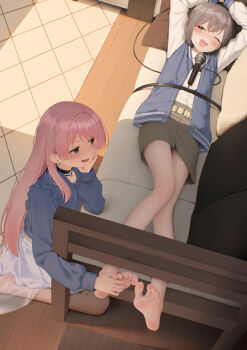 2girls absurdres arms_up bang_dream! bang_dream!_it&#039;s_mygo!!!!! bare_legs barefoot belt black_choker blue_eyes blue_vest bound bound_wrists brown_eyes chihaya_anon choker couch earrings feet frills full_body grey_hair grey_skirt han_(hehuihuihui) highres indoors jewelry legs long_hair long_sleeves looking_at_another microphone multiple_girls on_couch one_eye_closed open_mouth pink_hair seiza short_hair sitting skirt soles takamatsu_tomori tickling tickling_feet toe_scrunch toenails toes vest wooden_floor yuri