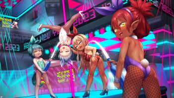 2023 5girls :d :o absurdres alcohol aqua_bow aqua_bowtie aqua_hair aqua_leotard ass back bare_back bare_shoulders black_footwear blue_eyes born-to-die bow bow_hairband bowtie champagne champagne_bottle commentary dark-skinned_female dark_skin detached_collar dj english_commentary expressionless fang female_focus fishnet_pantyhose fishnets full_body hairband happy_new_year high_heels highres indoors large_bow leaning_forward legs_apart leotard light_brown_hair loli long_hair looking_at_viewer multiple_girls neon_lights new_year nightclub open_mouth original pantyhose playboy_bunny pointy_ears pole pole_dancing ponytail purple_leotard rabbit_tail red_bow red_bowtie red_hair red_leotard shiny_skin short_hair smile speaker spread_legs stage stage_lights standing strapless strapless_leotard stripper_pole tail upside-down white_bow white_bowtie white_leotard wrist_cuffs yellow_eyes