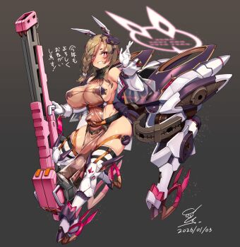 1girl 2026 armor armored_boots bare_shoulders blush boots braid breasts brown_hair chinese_zodiac commentary dated doyouwantto full_body gloves gun headpiece highres large_breasts looking_at_viewer machine mecha_musume medium_hair mole mole_under_mouth navel new_year original panties pelvic_curtain pink_eyes revealing_clothes see-through_clothes signature skindentation smile solo thick_thighs thighs underwear weapon white_gloves year_of_the_horse