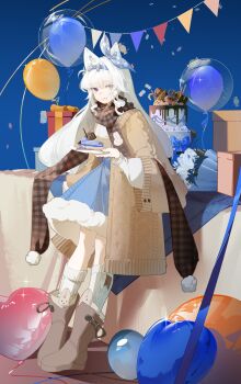 Rule 34 | 1girl, :d, animal ears, balloon, blue background, boots, box, cake, cake slice, commentary request, dress, flower, food, full body, gift, gift box, hairband, highres, long hair, mizu moku shio, no. 21: feral (pgr), no. 21 (pgr), open mouth, punishing: gray raven, purple eyes, simple background, smile, solo, string of flags, tongue, tongue out, white hair, wolf ears