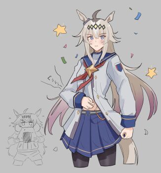 1girl ahoge animal_ears black_pantyhose blue_eyes blue_sailor_collar blue_skirt blush brooch commentary confetti ear_ornament eating ena_25ji english_commentary food grey_hair grey_tail hair_between_eyes hairband highres holding holding_food horse_ears horse_girl horse_tail jacket jewelry long_hair long_sleeves looking_at_viewer midriff_peek multicolored_hair navel neckerchief oguri_cap_(starlight_beat)_(umamusume) oguri_cap_(umamusume) onigiri panty_straps pantyhose pleated_skirt red_neckerchief sailor_collar shirt shorts skirt star_(symbol) star_brooch tail umamusume white_jacket white_shirt