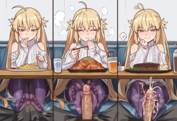 1boy 1girl absurdres ahoge artoria_caster_(fate) artoria_pendragon_(fate) blonde_hair blush breasts cum cum_on_body cum_on_feet ebora ejaculation erection fate/grand_order fate_(series) feet footjob footjob_over_clothes footjob_under_table footjob_with_legwear green_eyes heart heart_ahoge hetero highres long_hair long_sleeves looking_at_viewer multiple_views no_shoes pantyhose penis small_breasts smile soles toes twintails two-footed_footjob uncensored under_table veins veiny_penis