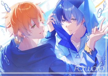 aoyagi_touya blonde_hair blue_eyes blue_hair clenched_teeth closed_mouth commentary earrings fingernails green_eyes hair_between_eyes hand_up highres hood hood_up hooded_jacket itsuka_senaka_awase_no_lyric_wo_(project_sekai) jacket jewelry long_sleeves looking_at_viewer mole mole_under_eye multicolored_hair official_alternate_costume orange_hair parted_lips project_sekai shinonome_akito short_hair slc_yh smile split-color_hair streaked_hair stud_earrings symbol-only_commentary teeth two-tone_hair upper_body