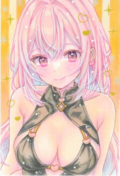 1girl armpit_crease black_shirt blush breasts cleavage_cutout closed_mouth clothing_cutout crossed_bangs double-parted_bangs earrings hananagi_honoka hashtag-only_commentary heart heart_earrings highres jewelry large_breasts long_hair looking_at_viewer marker_(medium) original pink_eyes pink_hair shirt sleeveless sleeveless_shirt smile solo striped_background traditional_media upper_body vertical-striped_background yellow_background