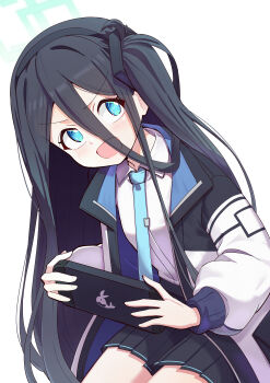 1girl 9-san :d absurdres aqua_eyes aqua_halo aqua_necktie aris_(blue_archive) black_hair black_hairband black_jacket black_skirt blue_archive blue_jacket blush breasts collared_shirt commentary cowboy_shot double-parted_bangs hair_between_eyes hairband halo handheld_game_console highres holding holding_handheld_game_console jacket leaning_forward long_bangs long_hair long_hair_between_eyes long_sidelocks long_sleeves looking_back mouth_visible_through_hair multicolored_jacket necktie one_side_up open_clothes open_jacket open_mouth pleated_skirt puffy_long_sleeves puffy_sleeves rectangular_halo school_uniform shirt shirt_tucked_in sidelocks simple_background sitting skirt small_breasts smile solo tie_clip two-sided_fabric two-sided_jacket v-shaped_eyebrows very_long_hair white_background white_jacket white_shirt