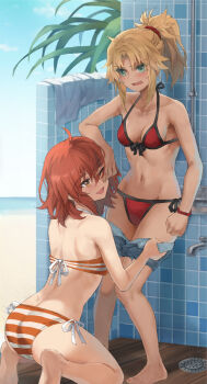 2girls ahoge ass bare_shoulders bikini blonde_hair blue_shorts blush bracelet braid breasts cleavage clothes_pull commentary_request denim denim_shorts embarrassed fang fate/grand_order fate_(series) fujimaru_ritsuka_(female) fujimaru_ritsuka_(female)_(brilliant_summer) green_eyes hair_ornament hair_scrunchie highres jewelry kneeling medium_breasts mordred_(fate) mordred_(swimsuit_rider)_(fate) mordred_(swimsuit_rider)_(first_ascension)_(fate) multiple_girls navel one_eye_closed open_mouth orange_bikini orange_eyes orange_hair orange_scrunchie ponytail pulling_another's_clothes red_bikini scrunchie short_hair shorts shorts_pull smile striped_bikini striped_clothes swimsuit thighs tonee towel undressing_another yuri