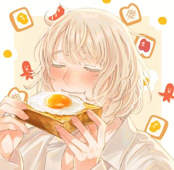 Rule 34 | 1girl, alt text, blonde hair, blush, bread, bread slice, closed eyes, closed mouth, collared shirt, colored eyelashes, dungeon meshi, eating, egg (food), falin touden, falin touden (tallman), food, food art, fried egg, fried egg on toast, hands up, highres, holding, holding food, long sleeves, portrait, sasakura34, shirt, short hair, solo, tako-san wiener, toast, white shirt
