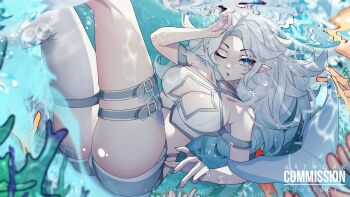 Rule 34 | 1girl, absurdres, ass, belt, blue eyes, breasts, bubble, cetacean tail, cleavage cutout, clothing cutout, commentary, commission, coral, english commentary, fins, fish tail, grey belt, grey nails, grey shorts, highres, long hair, nostdoro, one eye closed, original, pointy ears, scales, shorts, solo, star cutout, tail, thigh belt, thigh strap, twitter username, underwater, white hair