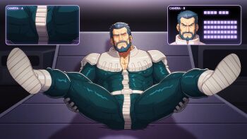1boy bara beard blue_hair bulge chinese_commentary commentary_request connected_beard covered_abs covered_erect_nipples facial_hair gundam highres male_focus mature_male mecha_pilot_suit muscular muscular_male pectoral_cleavage pectorals second-party_source shin_matsunaga short_hair solo zelo-lee