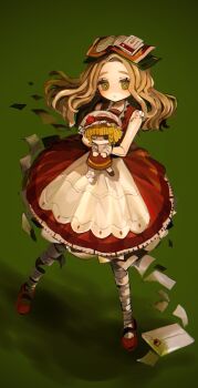 1girl absurdres apron bandaged_leg bandages blonde_hair child cross-shaped_pupils dress envelope full_body green_background green_eyes highres hoge_(n8sss) holding holding_stuffed_toy hollow_body identity_v long_hair looking_at_viewer mary_janes memory_(aging)_(identity_v) memory_(identity_v) no_nose official_alternate_costume paper raised_inner_eyebrows red_dress red_shoes shoes single_hair_intake solo stuffed_animal stuffed_toy stuffing symbol-shaped_pupils wavy_hair white_apron