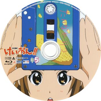 Rule 34 | absurdres, anime coloring, artist name, blu-ray cover, blush, bolt (hardware), cassette tape, company name, copyright name, corn print, cover, disc (medium), english text, food print, head only, highres, holding cassette, horiguchi yukiko, k-on!, kyoto animation, light brown hair, logo, moire, musical note, numbered, official art, open mouth, short hair, straight-on, tainaka ritsu, tbs, teeth, third-party source, tongue, translation request, treble clef, upper teeth only, white background, yellow eyes