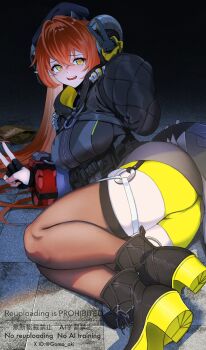 1girl ass black_boots black_gloves black_skirt black_thighhighs boots breasts commentary_request double_v dragon_girl dragon_horns dragon_tail gloves goma_aki highres horns large_breasts long_hair lying multicolored_eyes on_side open_mouth orange_hair orphie_magnusson pointy_ears shirt single_glove skirt solo tail thighhighs thighs two-tone_eyes v yellow_shirt zenless_zone_zero