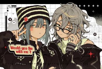 18trip 2boys animal_ear_headwear arm_warmers azekawa_kinari bare_shoulders beanie black-framed_eyewear black_eyes black_nails black_necktie bob_cut closed_mouth collared_shirt commentary_request curtained_hair domeki_kuguri earrings english_text fake_animal_ears flower_symbol glaring glasses grey_arm_warmers grey_hair hair_between_eyes hair_ornament hair_tie hairclip hand_up hat highres jacket jewelry long_sleeves male_focus messy_hair multiple_boys multiple_earrings necktie off_shoulder red_eyes ring shirt sidelocks sleeveless sleeveless_turtleneck sparkle striped_arm_warmers striped_hat striped_necktie surround_sara_udon sweater turtleneck upper_body v wavy_hair white_shirt