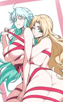 2girls absurdres ahoge blonde_hair breasts colored_inner_hair commentary crystal_hair english_commentary face_piercing fate/grand_order fate_(series) green_eyes green_hair highres hug kukulkan_(fate) labret_piercing large_breasts looking_at_viewer multicolored_hair multiple_girls naked_ribbon navel one_eye_closed piercing quetzalcoatl_(fate) ribbon smile zantyarz