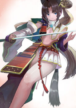 1girl absurdres armor asymmetrical_clothes asymmetrical_sleeves black_hair blue_eyes blue_panties breast_curtains breasts closed_mouth commentary_request detached_sleeves fate/grand_order fate_(series) feather_hair_ornament feathers gloves hair_ornament hat highres holding holding_sword holding_weapon japanese_armor katana kusazuri long_hair looking_at_viewer medium_breasts mismatched_sleeves navel panties parted_bangs pom_pom_(clothes) purple_gloves purple_sleeves revealing_clothes shoulder_armor side_ponytail simple_background single_glove single_pantsleg smile sode solo sword tassel tsuba_(guard) underwear ushiwakamaru_(fate) ushiwakamaru_(second_ascension)_(fate) very_long_hair weapon white_background white_sleeves wide_sleeves yamaoka_d1