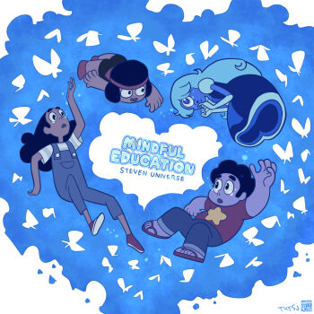 1boy 3girls blue_skin blue_theme colored_skin connie_maheswaran cyclops english_text highres multiple_girls one-eyed ruby_(steven_universe) sapphire_(steven_universe) steven_quartz_universe steven_universe syuji_takeya