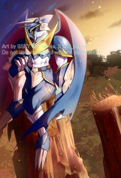 Rule 34 | 1boy, blue wings, commission, digimon, digimon (creature), dragon, highres, kimcorpse, looking up, shoulder pads, sitting, solo, sunset, ulforcev-dramon, wings