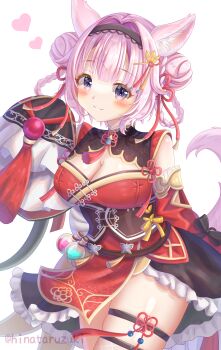 1girl animal_ears bare_shoulders black_hairband blush braid braided_hair_rings breasts brown_corset china_dress chinese_clothes cleavage closed_mouth commentary corset detached_sleeves double_bun dress hair_bun hair_intakes hair_ornament hair_ribbon hair_rings hair_stick hairband hakui_koyori heart highres hinata_ruzuki hololive large_breasts long_sleeves looking_at_viewer medium_hair pink_hair pink_tail purple_eyes red_dress red_ribbon red_sleeves ribbon sleeves_past_fingers sleeves_past_wrists smile solo tail tassel thigh_strap thighs twitter_username virtual_youtuber wolf_ears wolf_girl wolf_tail