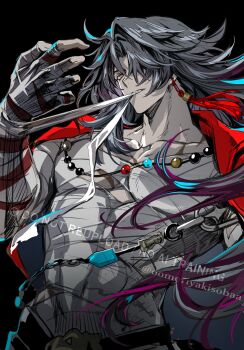 Rule 34 | 1boy, ahoge, bandages, beads, biting, blade (elation) (honkai: star rail), blade (honkai: star rail), double-parted bangs, earrings, gradient hair, hashtag-only commentary, highres, honkai: star rail, honkai (series), jacket, jewelry, long hair, male focus, mori morii, multicolored hair, necklace, open clothes, open jacket, red eyes, single earring, tassel, toned, toned male, very long hair, watermark