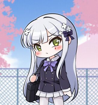 1girl bag black_bow black_jacket blazer blue_sky blush bow bowtie chain-link_fence chibi chibi_only cloud collared_shirt commentary feet_out_of_frame fence girls&#039;_frontline green_eyes hair_bow hair_ornament hk416_(girls&#039;_frontline) jacket jiwon_(sj1) long_hair long_sidelocks looking_at_viewer pantyhose pink_petals pleated_skirt pout purple_bow purple_bowtie school_bag shirt shoulder_bag sidelocks skirt sky solo standing tattoo teardrop_tattoo very_long_hair white_hair white_pantyhose white_shirt white_skirt