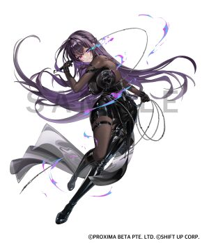 1girl absurdres boots dominatrix goddess_of_victory:_nikke highres holding holding_whip long_hair mihara_(bonding_chain)_(nikke) mihara_(nikke) official_alternate_design official_art purple_eyes rhtkd simple_background single_thigh_boot smile solo thigh_boots whip white_background