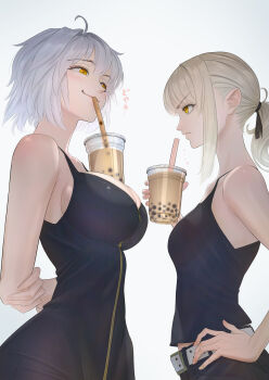 2girls artoria_pendragon_(fate) bare_shoulders black_dress black_tank_top blonde_hair blue_background blush braid breast_envy breasts bubble_tea bubble_tea_challenge cleavage dark_persona dress excalibur_(fate/stay_night) fate/grand_order fate_(series) french_braid gothic_lolita highres imizu_(nitro_unknown) jeanne_d&#039;arc_(fate) jeanne_d&#039;arc_alter_(avenger)_(fate) jeanne_d&#039;arc_alter_(fate) jeanne_d&#039;arc_alter_(ver._shinjuku_1999)_(fate) large_breasts lolita_fashion medium_breasts multiple_girls official_alternate_costume ponytail saber_alter saber_alter_(ver._shinjuku_1999) saber_alter_(ver._shinjuku_1999)_(fate) short_hair silver_hair smile smug tank_top tsurime wicked_dragon_witch_ver._shinjuku_1999 yellow_eyes yuri