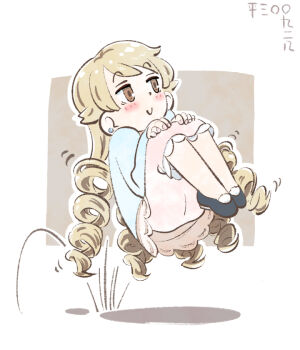 1girl alternate_hair_length alternate_hairstyle black_shoes blonde_hair blue_jacket blush border bouncing brown_background brown_eyes closed_mouth earrings hands_on_own_knees idolmaster idolmaster_cinderella_girls imay3927 jacket jewelry jitome knees_up long_skirt long_sleeves midair morikubo_nono motion_lines outline outside_border petticoat pink_skirt raised_eyebrows ringlets shadow shoes simple_background skirt smile solo stud_earrings white_border white_outline