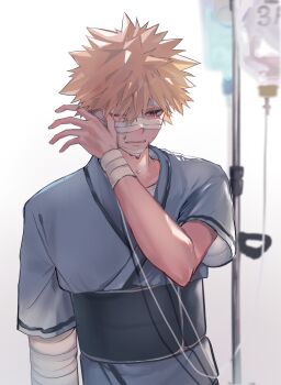1boy arm_up bakugou_katsuki bandaged_arm bandaged_wrist bandages blonde_hair boku_no_hero_academia closed_mouth commentary_request cowboy_shot crying highres hospital_gown injury intravenous_drip male_focus one_eye_closed red_eyes rr87618 short_sleeves solo spiked_hair standing white_background wiping_face