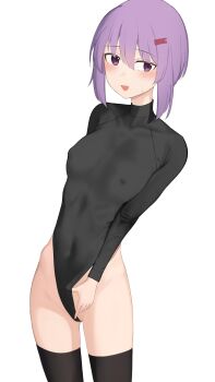1girl absurdres black_leotard black_thighhighs blush clothes_lift covered_erect_nipples covered_navel cowboy_shot hair_ornament highres leotard open_mouth penguin_(dx19291005) purple_eyes purple_hair simple_background sleeved_leotard smile solo standing thighhighs vocaloid voiceroid white_background yuzuki_yukari