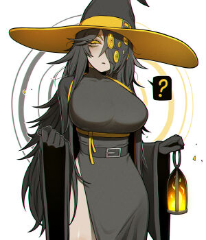1girl ? belt big_bird_(project_moon) black_coat black_dress black_gloves black_hair black_hat breasts coat collarbone colored_sclera commentary_request dress e.g.o_(project_moon) extra_eyes fire gloves hat hat_belt highres holding holding_lantern korean_commentary lamp_(e.g.o) lantern large_breasts large_hat lobotomy_corporation long_hair long_sleeves messy_hair misg1111 open_mouth personification project_moon ringed_eyes simple_background solo speech_bubble spoken_question_mark white_background wide_sleeves witch_hat yellow_eyes yellow_sclera