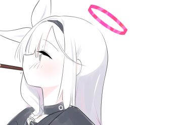 1girl absurdres black_choker black_hairband black_jacket black_shirt blue_archive choker food food_in_mouth grey_eyes hair_ribbon hairband halo highres jacket long_hair multicolored_hair pale_skin pink_hair pink_halo plana_(blue_archive) pocky pocky_day pocky_in_mouth profile ribbon sharp_to_sharp shirt simple_background streaked_hair swept_bangs two-tone_hair upper_body variant_set white_background white_hair white_ribbon