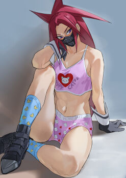 Rule 34 | 1girl, absurdres, animal print, arm at side, armpits, artist request, black mask, blush, boots, boyshort panties, breasts, camisole, capcom, cat print, character name, unworn clothes, delinquent, duck print, embarrassed, eyelashes, female focus, full body, gloves, groin, hand on own face, hand up, heart, heart print, highres, zaki (justice gakuen), justice gakuen, knee up, legs, long hair, looking to the side, mask, matching underwear, medium breasts, midriff, moero! justice gakuen, mouth mask, name tag, navel, neck, panties, parted bangs, pink camisole, pink panties, ponytail, print camisole, print panties, print socks, purple eyes, red hair, shiny clothes, shiny skin, sidelocks, simple background, sitting, socks, spiked hair, thighs, tsundere, underwear, underwear only, very long hair