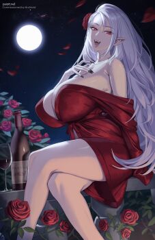 1girl black_nails bottle breasts cleavage commission crossed_legs cup drinking_glass falling_petals fang flower hair_flower hair_ornament highres huge_breasts long_hair moon night night_sky nightgown off_shoulder official_art open_mouth original outdoors petals pointy_ears psidubs red_eyes rose sitting sky sleeves_past_wrists solo vampire very_long_hair white_hair wine_bottle wine_glass