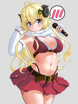 Rule 34 | 1girl, absurdres, alternate costume, animal ears, belt, bikini, blonde hair, blush, breasts, brown belt, cleavage, closed mouth, fur-trimmed bikini, fur trim, highres, holding, holding microphone, hololive, horns, large breasts, long hair, looking at viewer, microphone, misril, navel, purple eyes, red bikini, red skirt, santa bikini, santa costume, scarf, sheep ears, sheep girl, sheep horns, skirt, solo, spoken blush, swimsuit, tsunomaki watame, very long hair, virtual youtuber, white scarf