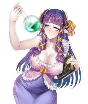 1girl armpits blue_dress blue_eyes blush book bow breasts cleavage closed_mouth collarbone covered_erect_nipples cowboy_shot demon_girl demon_horns dress female_focus flask frilled_dress frills frown glasses hair_ribbon hand_up highres hip_focus holding holding_book horn_bow horn_ornament horn_ribbon horns large_breasts leaning_forward lilith-soft long_hair long_pointy_ears looking_to_the_side looking_up no_bra nose_pads official_art pale_skin pentagram pince-nez pink_dress pointy_ears potion purple_hair raised_eyebrows raquel_zosimos ribbon rimless_eyewear round_eyewear see-through_clothes sidelocks simple_background sleeveless sleeveless_dress solo standing straight_hair taimanin_(series) taimanin_asagi_kessen_arena taut_clothes transparent tress_ribbon very_long_hair white_background wide_hips yellow_bow yellow_ribbon zol