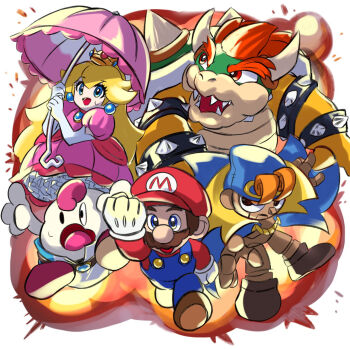 1girl 4boys blonde_hair blue_eyes bowser brown_hair cape crown dress facial_hair geno_(mario) gloves hat highres jewelry long_hair mallow_(mario) mario mario_(series) multiple_boys mustache nintendo open_mouth princess_peach smile solo super_mario_rpg user_gnfv7452