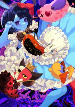3girls alice's_adventures_in_wonderland alice_(alice_in_wonderland) alice_(alice_in_wonderland)_(cosplay) analog_clock animal black_hair blue_skin blunt_bangs blunt_ends bob_cut bow cat cat_girl clock colored_skin commentary_request cosplay crown dog dress ena:_dream_bbq ena_(dream_bbq) ena_(series) ena_(species) ena_(web_series) falling frilled_dress frilled_sleeves frills hangover_ena highres lolita_fashion mezo_(usagimarumei) mini_person minigirl multicolored_skin multiple_girls queen queen_of_hearts_(alice_in_wonderland) queen_of_hearts_(alice_in_wonderland)_(cosplay) rabbit red_skin roman_numeral short_sleeves split-color_skin surreal the_shepherd_(ena) two-tone_skin usagimarumei white_rabbit_(alice_in_wonderland) white_rabbit_(alice_in_wonderland)_(cosplay)