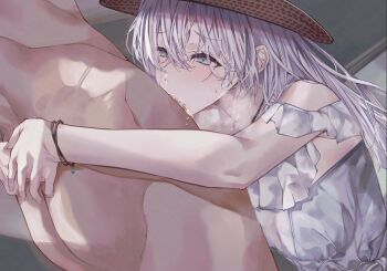 1boy 1girl anastasia_(fate) anastasia_(swimsuit_archer)_(first_ascension)_(fate) ass bare_shoulders blue_eyes blush breasts dress fate/grand_order fate_(series) fellatio hair_over_one_eye hat hetero highres hug_and_suck large_breasts long_hair oral penis silver_hair straw_hat suujiniku very_long_hair white_dress
