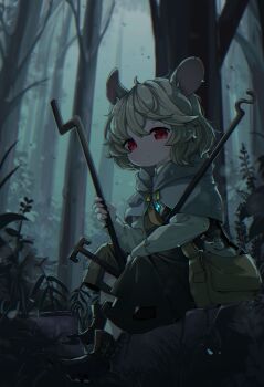 1girl animal_ears bag black_dress boots brown_bag brown_boots closed_mouth commentary_request dowsing_rod dress forest grey_hair highres jewelry long_sleeves looking_at_viewer medium_hair mouse_(animal) mouse_ears mouse_girl mouse_tail nature nazrin necklace outdoors pantyhose pendant red_eyes shoulder_bag solo tail tami_(joemanyodw) touhou tree white_pantyhose