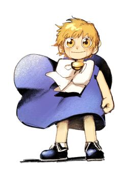 1boy blonde_hair bow brown_eyes clenched_hand cloak gash_bell highres konjiki_no_gash!! legs_apart noro_zt purple_cloak purple_shoes shoes short_hair short_sleeves simple_background smile standing tagme white_background
