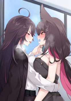 Rule 34 | 2girls, @ @, absurdres, amai-pai, animal ears, belt, black belt, blush, breasts, brown hair, chisaka airi, colored inner hair, hair ornament, hairpin, heavy breathing, highres, himemiya rie, large breasts, long hair, long sleeves, medium breasts, multicolored hair, multiple girls, multiple hairpins, open mouth, paw print, phase connect, pink eyes, pink hair, saliva, saliva trail, streaked hair, tongue, tongue out, virtual youtuber, wolf ears, wolf girl, yellow eyes, yuri