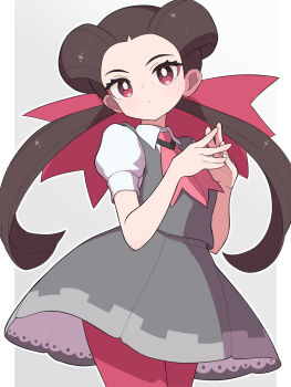 1girl brown_hair closed_mouth collared_shirt commentary_request cowboy_shot dress grey_dress hair_ribbon hiyoshipow long_hair looking_at_viewer neckerchief nintendo pantyhose pokemon pokemon_oras puffy_short_sleeves puffy_sleeves red_eyes red_neckerchief red_pantyhose red_ribbon ribbon roxanne_(pokemon) shirt short_sleeves solo steepled_fingers twintails white_shirt