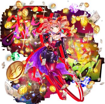 1girl alternate_costume banknote belt black_choker black_hat black_jacket black_skirt blue_gemstone blurry bow bracelet breasts cape choker cleavage closed_mouth coin collarbone depth_of_field dollar_bill drill_hair earrings eyewear_on_head full_body game_cg gem gold_coin graffiti green_gemstone hand_on_own_hip hat hat_bow heart highres holding holding_whip jacket jewelry long_sleeves looking_at_viewer money necklace official_art open_clothes open_jacket orange-tinted_eyewear orange_eyes orange_hair pantyhose pendant purple_cape purple_gemstone red_cape red_pantyhose ring rotte_(1109) silhouette skirt smile solo sparkle tag third-party_source tinted_eyewear top_hat touhou touhou_lostword transparent_background twin_drills v-shaped_eyebrows white_bow yorigami_jo'on yorigami_jo'on_(pestilent_phantom_thief_joon) zipper zipper_pull_tab