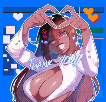 Rule 34 | 1girl, artist self-insert, breasts, brown hair, cleavage, commentary, dark-skinned female, dark skin, english commentary, english text, eyeshadow, four-finger heart hands, grin, hairband, heart, heart hands, highres, large breasts, long hair, makeup, nyantcha, one eye closed, original, red eyes, sharp teeth, smile, teeth, thank you, tsona (nyantcha), very dark skin