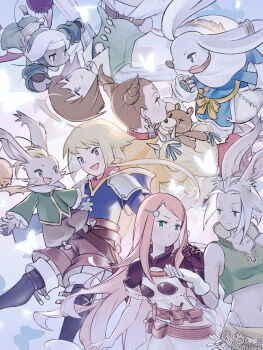 2girls animal_ears blonde_hair brown_hair character_request closed_mouth dark-skinned_female dark_skin dress earrings final_fantasy final_fantasy_tactics_advance gloves hair_ornament hairclip highres jewelry long_hair looking_at_viewer marche_radiuju mewt_randell minabe_(mi-nabe) multiple_boys multiple_girls navel open_mouth pink_hair rabbit_ears ritz_malheur shara smile stuffed_animal stuffed_toy viera