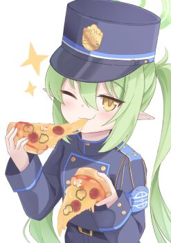 1girl ;3 armband belt black_belt blue_archive blue_armband blue_hat blue_jacket blush buttons commentary demon_girl double-breasted eating food food_in_mouth green_hair green_halo hair_between_eyes halo hat highres holding holding_food holding_pizza jacket long_hair long_sleeves looking_at_viewer no_gloves nozomi_(blue_archive) one_eye_closed peaked_cap pizza pointy_ears sidelocks simple_background smile solo sparkle twintails upper_body very_long_hair white_background yellow_eyes yuki_(user_tjvn3757)