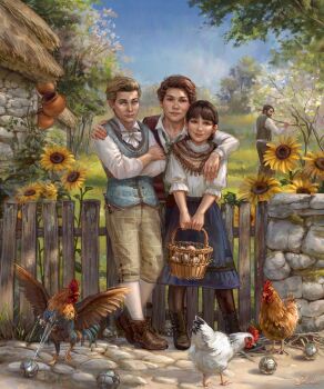 1girl 3boys anne_sallow bird blunell_(artist) brown_shoes chicken deviantart fence flower grass harry_potter_(series) highres hogwarts_legacy multiple_boys ominis_gaunt pants sebastian_sallow shoes skirt solomon_sallow sunflower warner_bros. wizarding_world