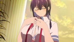 1girl animated anime_screenshot back bouncing_breasts bra breasts cleavage closed_eyes collarbone colored_inner_hair gradient_hair hair_ribbon haite_kudasai_takamine-san highres large_breasts multicolored_hair necktie open_bra open_clothes open_shirt purple_hair red_necktie ribbon school_uniform shirt sound tagme takamine_takane unbuttoned unbuttoned_shirt underwear undone_necktie undressing video white_bra white_ribbon white_shirt