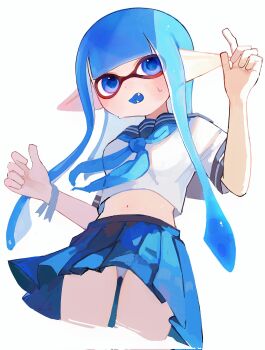 1girl arms_up blue_eyes blue_hair blue_neckerchief blue_pupils blue_sailor_collar blue_skirt fangs highres inkling inkling_girl inkling_player_character kodak_painter long_hair midriff navel neckerchief nintendo open_mouth panties pantyshot pleated_skirt pointy_ears sailor_collar sailor_shirt shirt simple_background skirt solo splatoon_(series) splatoon_3 standing sweatdrop tentacle_hair underwear very_long_hair white_background white_panties white_shirt